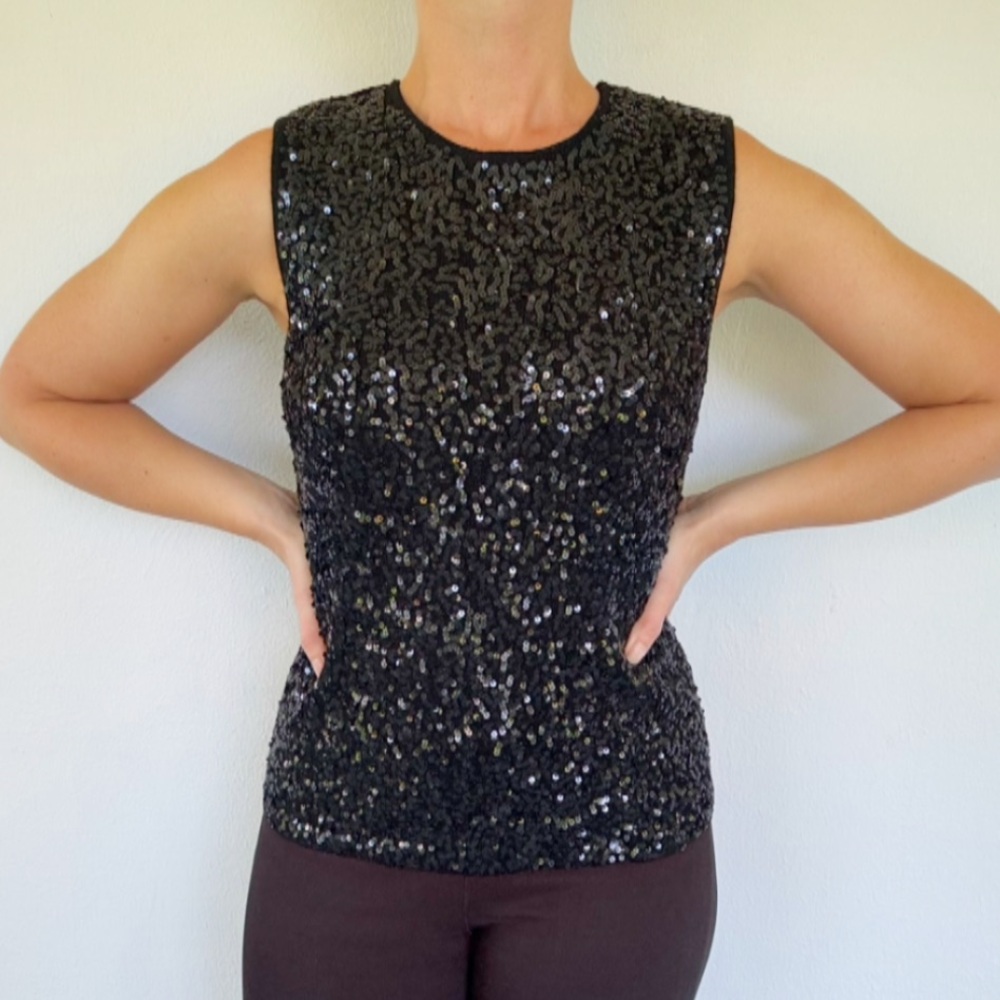 Linda Allard Ellen Tracy black wool sequin sleeveless knit top size medium